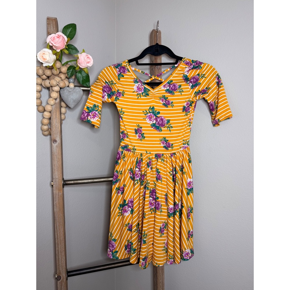 Dot Dot Smile Girls Yellow Striped Floral Strappy Back Dress Size 8/10